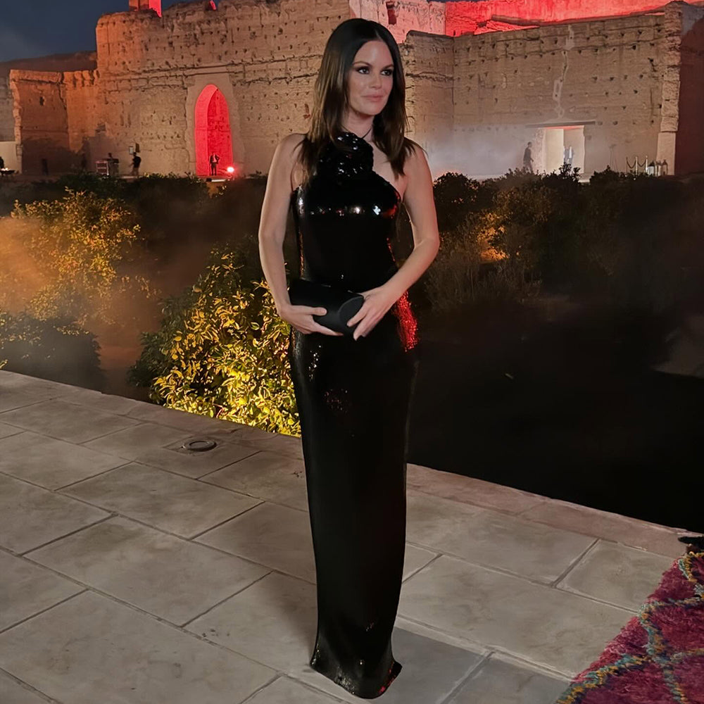 LISA HALTER SLEEVELESS SEQUIN LONG DRESS