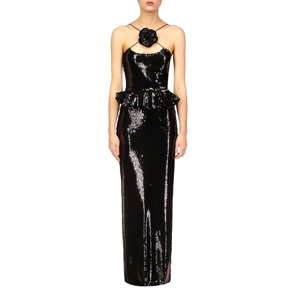 LISA HALTER SLEEVELESS SEQUIN LONG DRESS