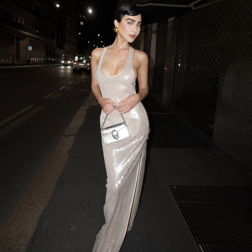 JENNY SEQUIN SLEEVELESS LONG MAXI DRESS