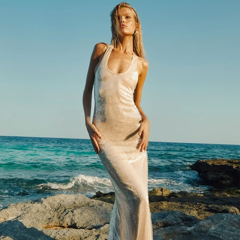 JENNY SEQUIN SLEEVELESS LONG MAXI DRESS