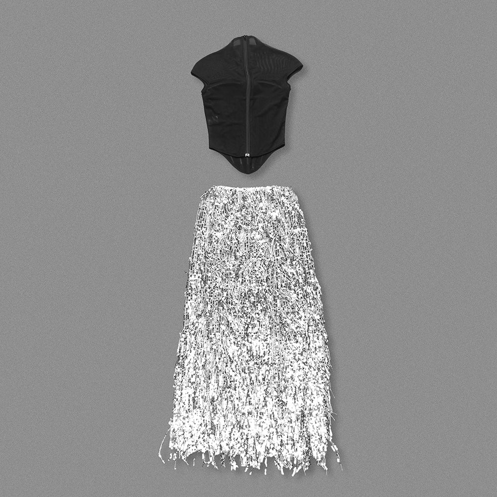 SUSAN TASSEL MESH TWO-PIECES SET LONG DRESS
