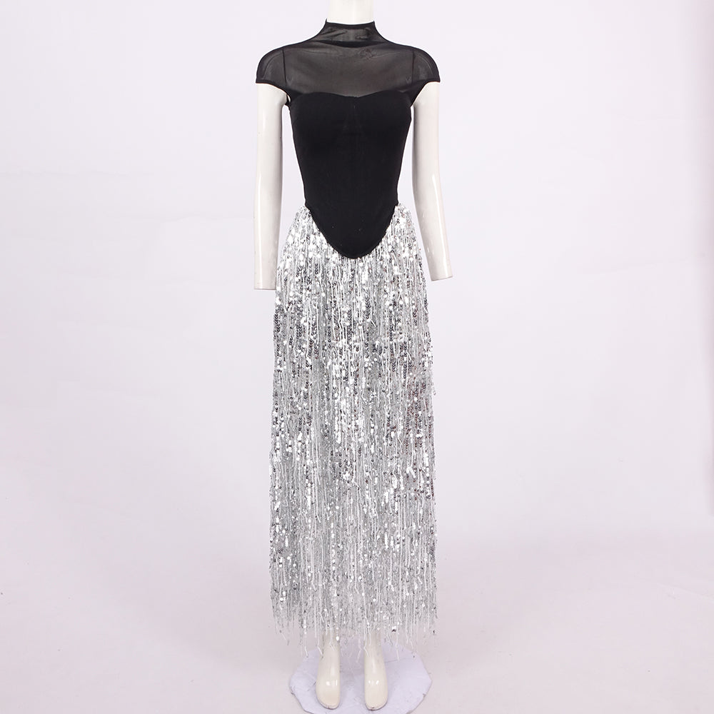 SUSAN TASSEL MESH TWO-PIECES SET LONG DRESS