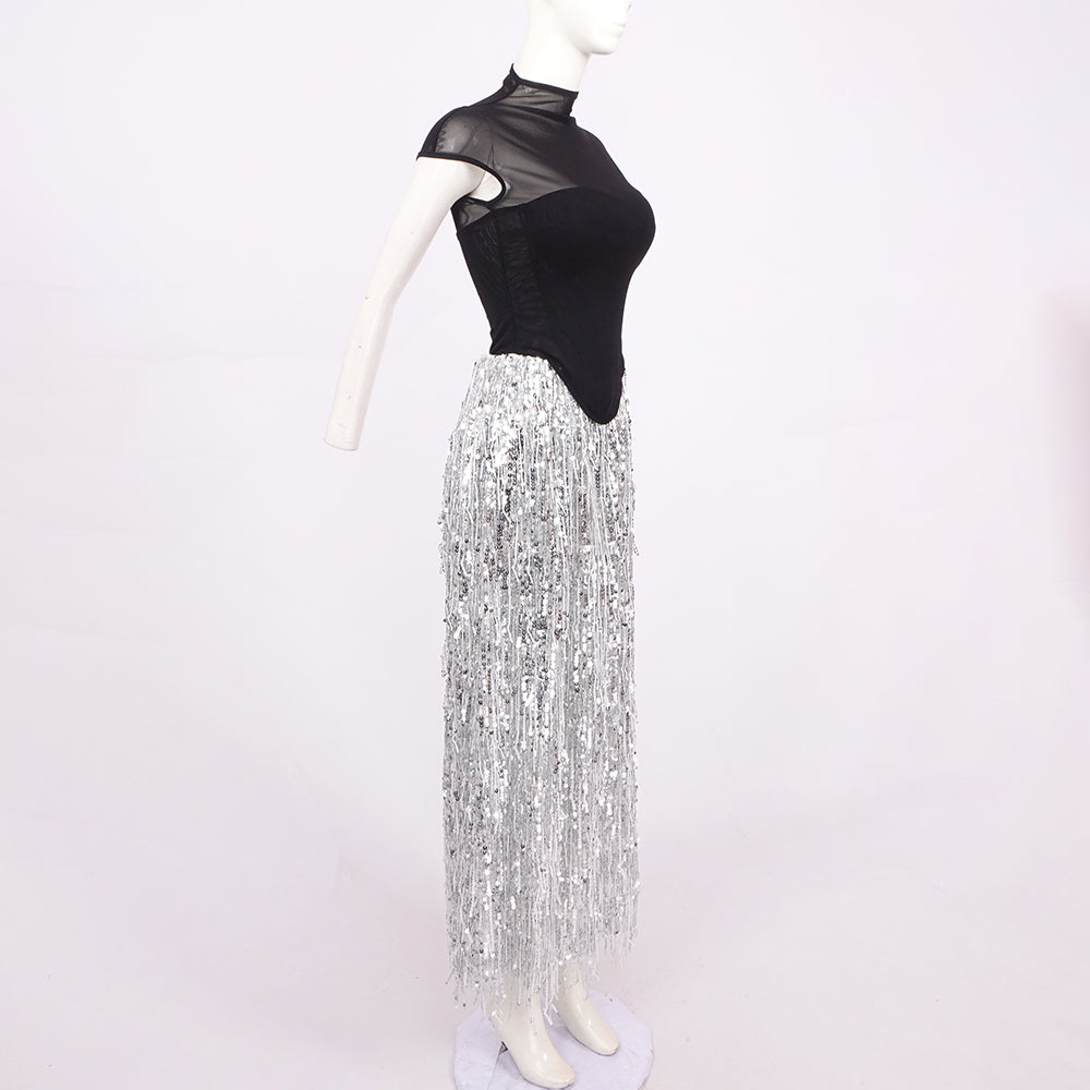 SUSAN TASSEL MESH TWO-PIECES SET LONG DRESS