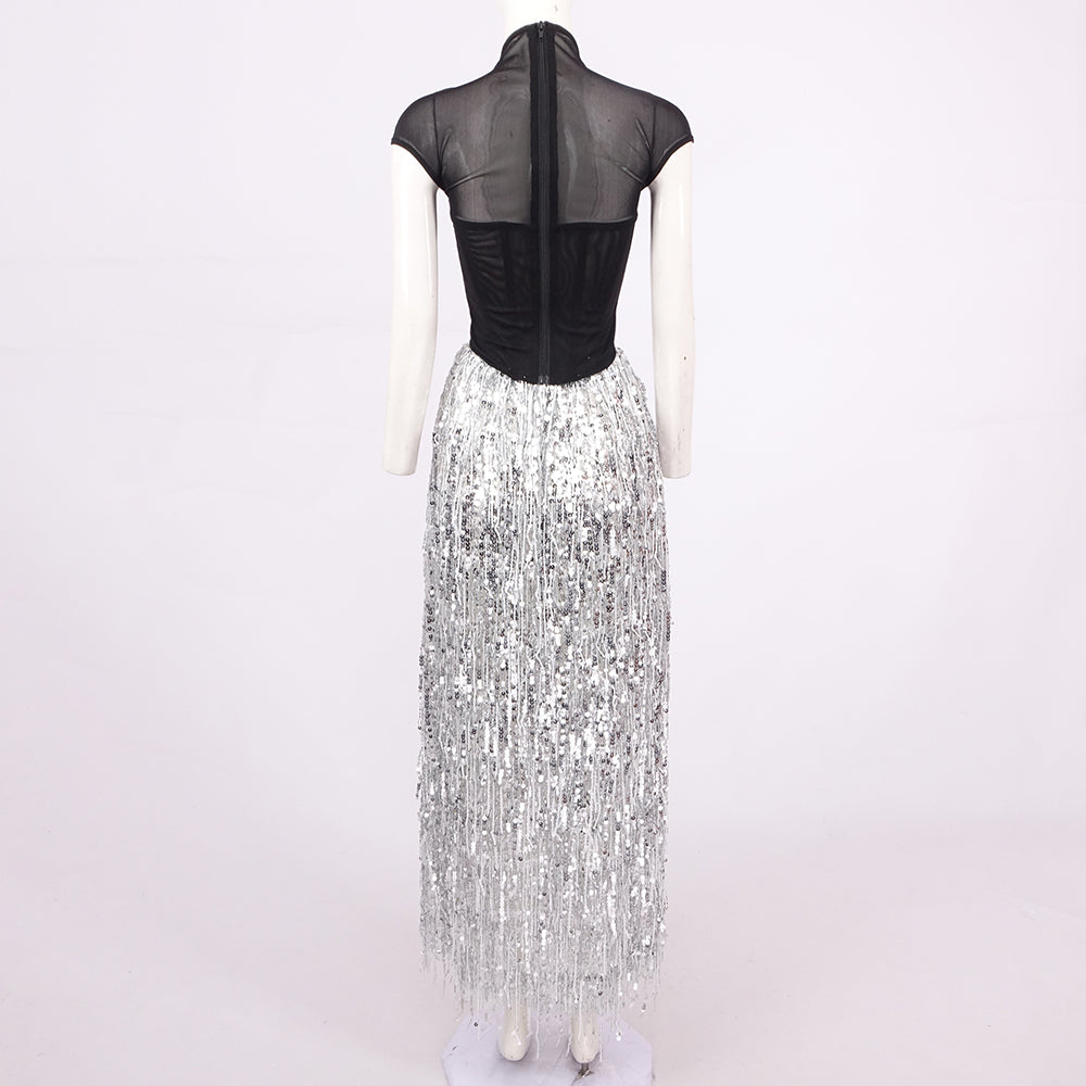 SUSAN TASSEL MESH TWO-PIECES SET LONG DRESS