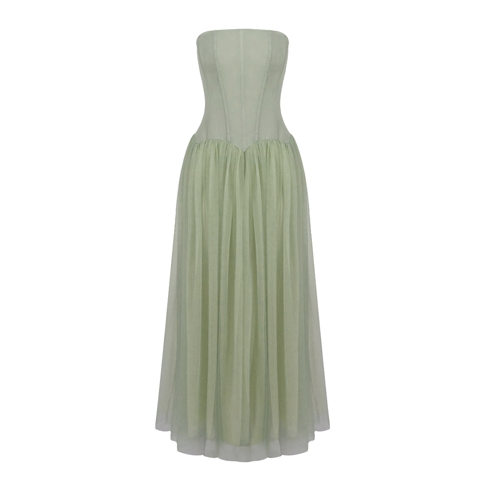 LOISE GREEN STRAPLESS TULLE MAXI DRESS
