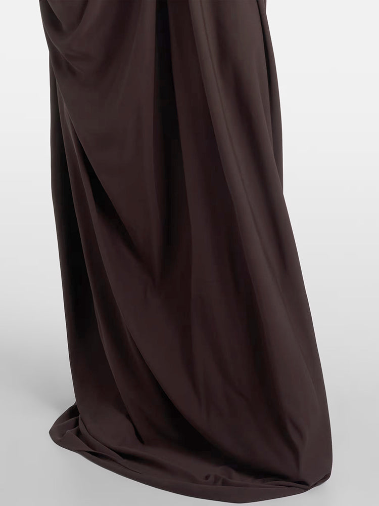 ARUNAS BROWN OFF-SHOULDER RUCHED MAXI DRESS