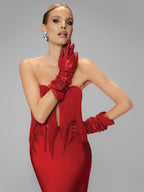 ALLEGRA RED STRAPLESS TASSEL MAXI DRESS