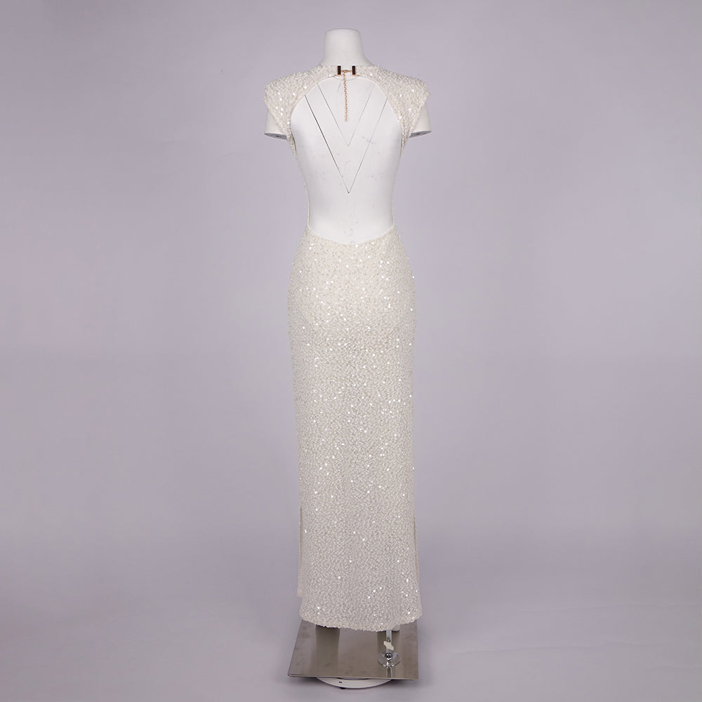 DANIELLE WHITE SEQUIN BACKLESS MAXI DRESS