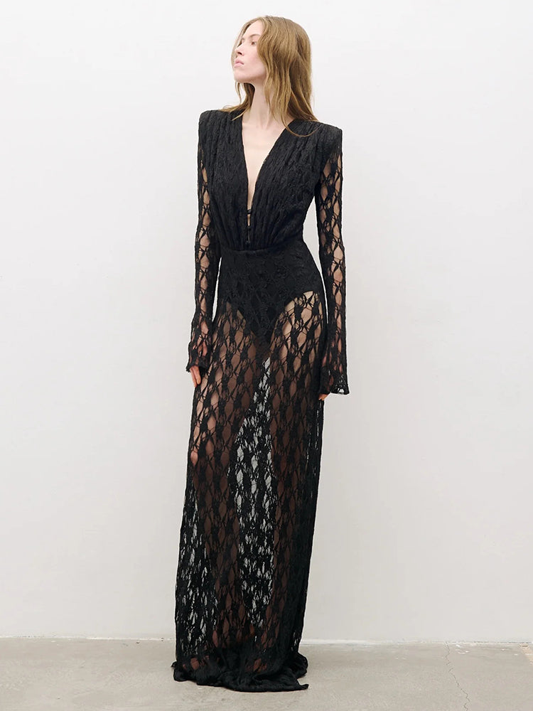 WREN BLACK CUT OUT DESIGN LACE MAXI DRESS