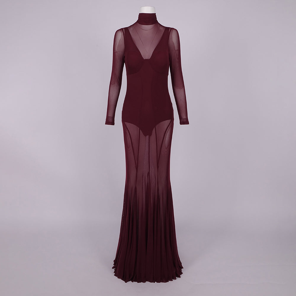 ABBI SEXY BURGUNDY SHEER MESH DRESS SET
