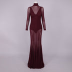 ABBI SEXY BURGUNDY SHEER MESH DRESS SET