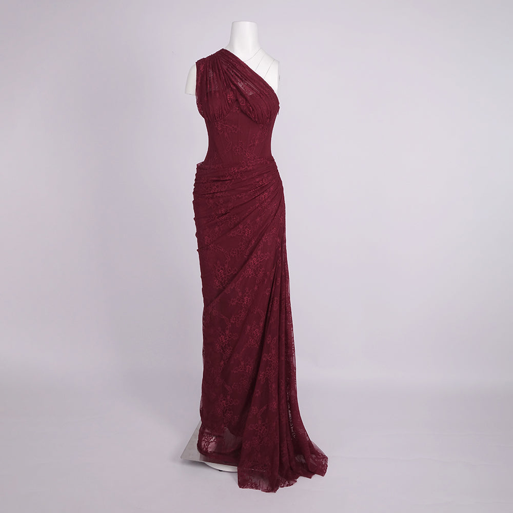 ELENI VINTAGE BROWN ONE SHOULDER LACE MAXI DRESS