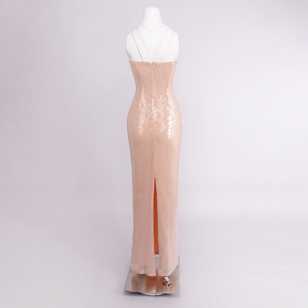 CHRISTINE NUDE SEQUIN STRAPLESS MAXI DRESS
