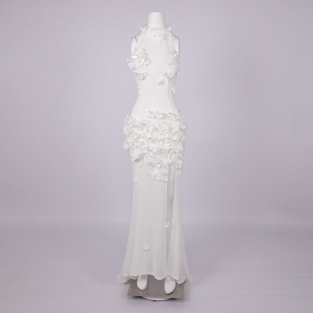 ALLY WHITE 3D FLORAL HALTER MAXI DRESS