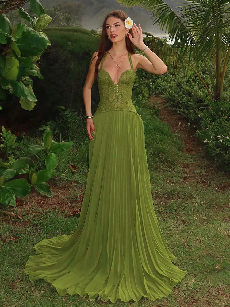AROTURE OLIVE GREEN HALTER MAXI DRESS