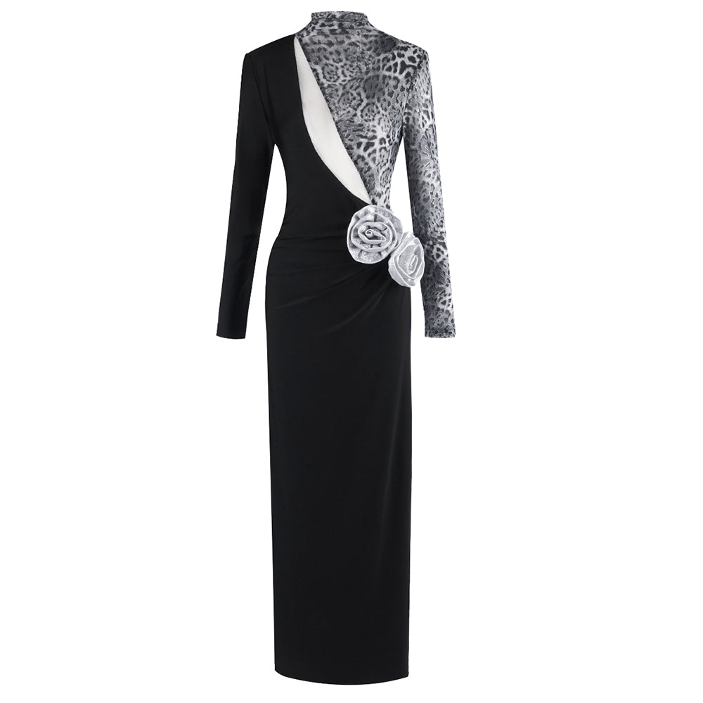 TINA BLACK LEOPARD LONG DRESS GOWN