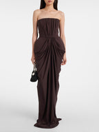 ARUNAS BROWN OFF-SHOULDER RUCHED MAXI DRESS
