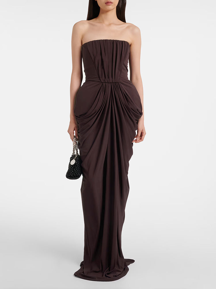 ARUNAS BROWN OFF-SHOULDER RUCHED MAXI DRESS