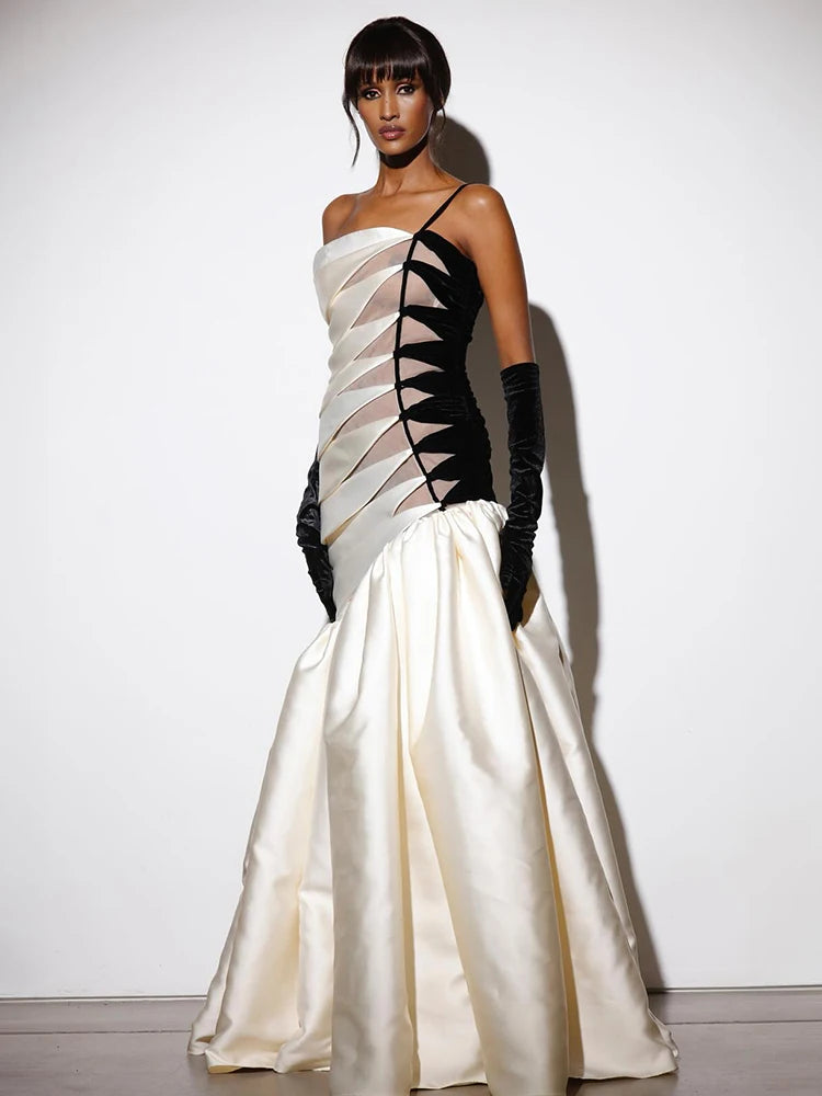YANA BLACK BEIGE STRAPLESS LONG DRESS GOWN