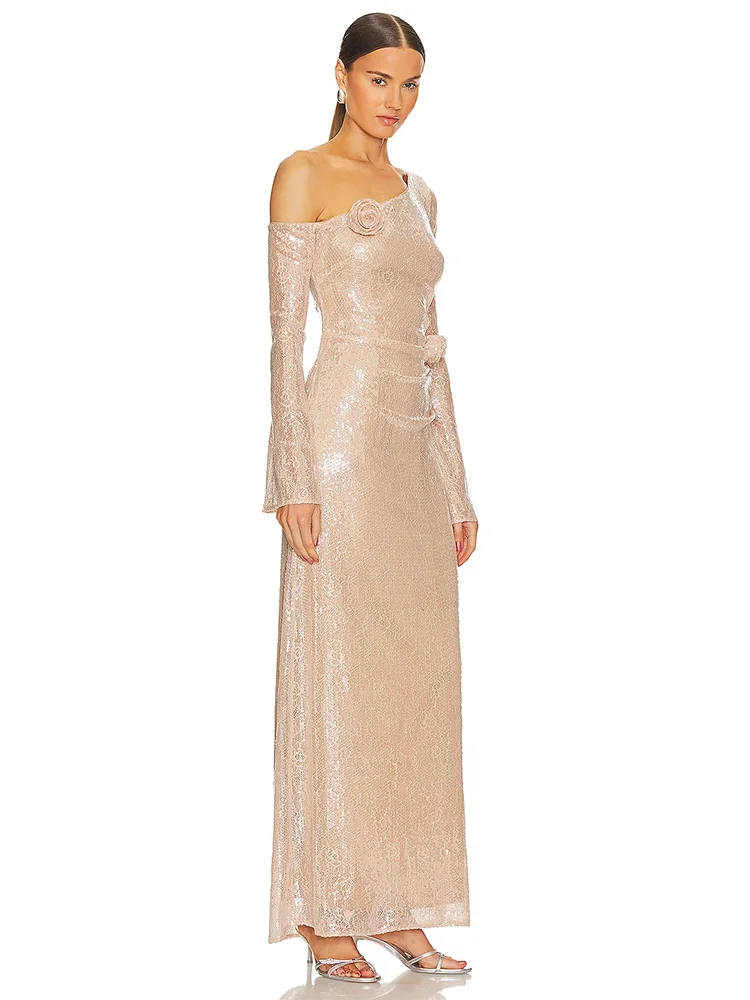 MARLY SEQUIN ONE SHOULDER LONG SLEEVE DRESS GOWN