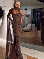 NOEMI BROWN SEQUIN EVENING MAXI DRESS