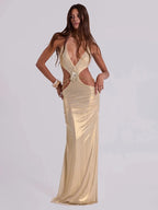 SOPHIA GOLD HALTER MAXI DRESS
