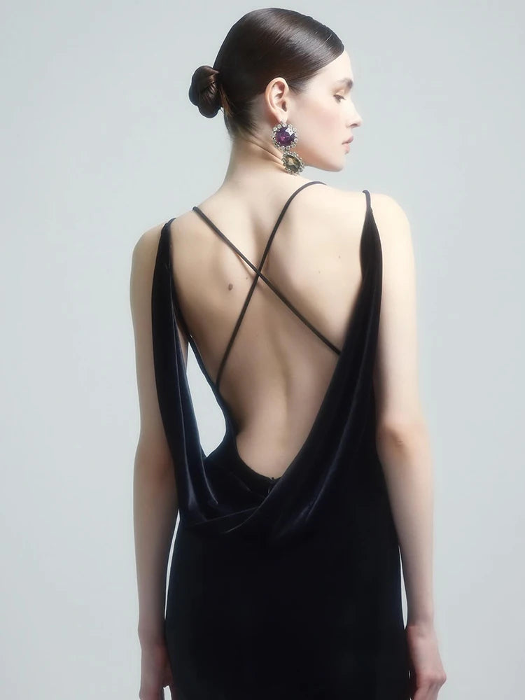 KAREN BLACK VELVET V NECK DRESS