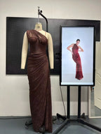 ELENI VINTAGE BROWN ONE SHOULDER LACE MAXI DRESS