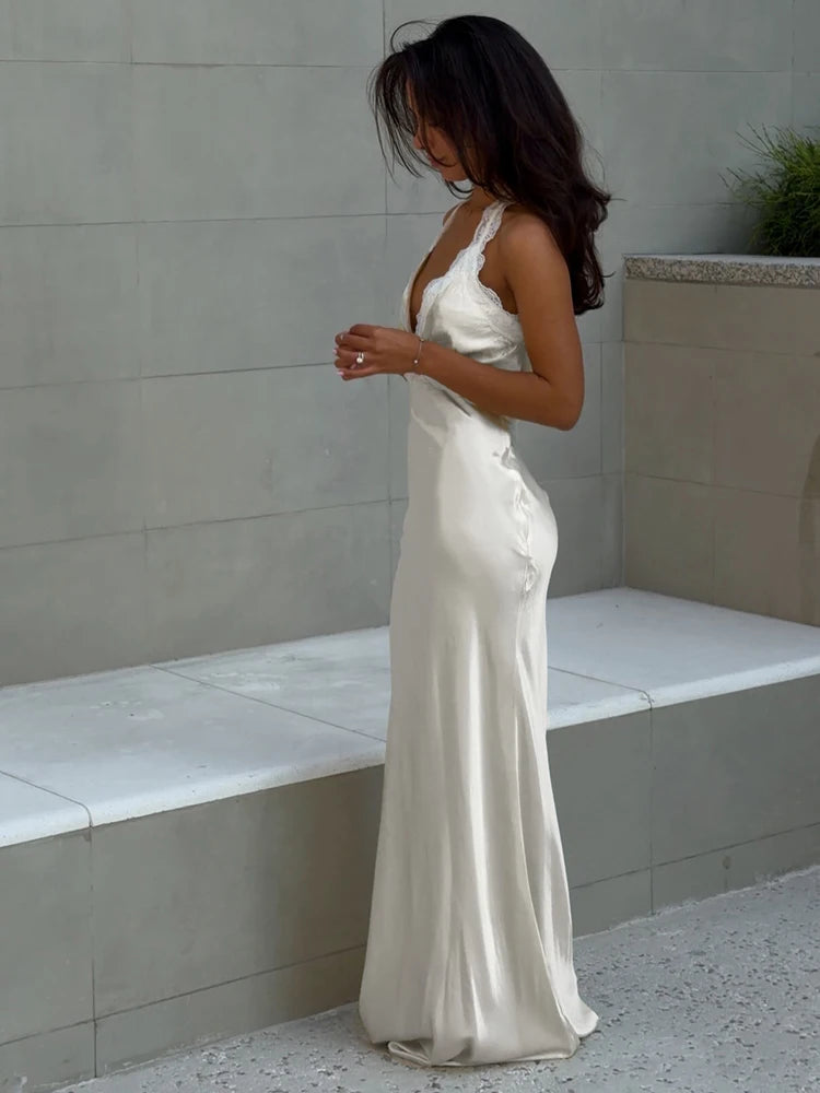 DAVINA ELEGANT WHITE SATIN MAXI DRESS