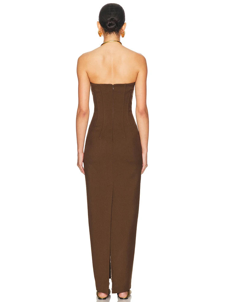 AMBER BROWN STRAPLESS MAXI DRESS