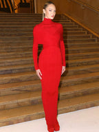 FINITA RED HIGH NECK LONG SLEEVE DRESS GOWN