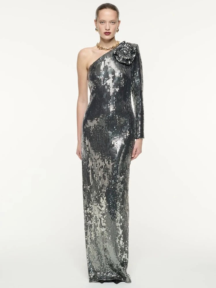 JULIE SLIVER SEQUIN ONE SLEEVE LONG DRESS GOWN