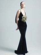 KAREN BLACK VELVET V NECK DRESS