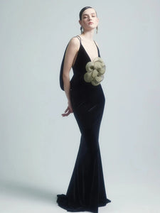 KAREN BLACK VELVET V NECK DRESS