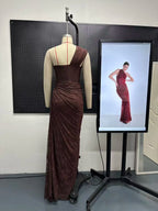 ELENI VINTAGE BROWN ONE SHOULDER LACE MAXI DRESS