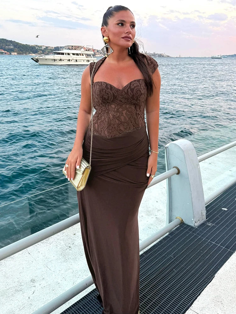BRIANA BROWN LACE MAXI DRESS FOR WOMEN