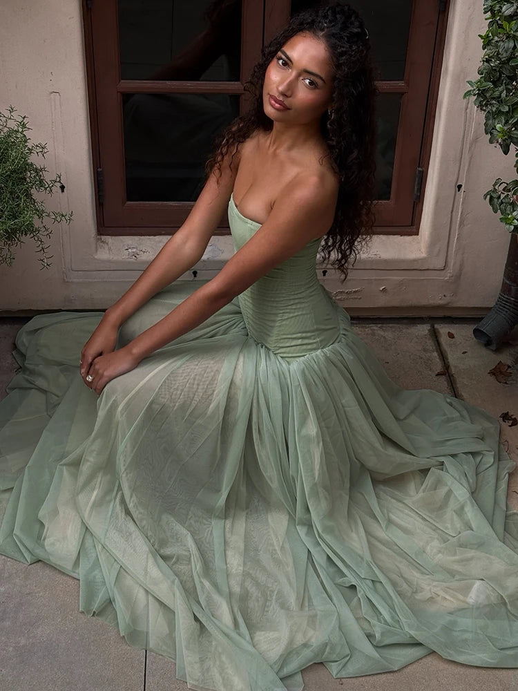 LOISE GREEN STRAPLESS TULLE MAXI DRESS