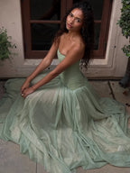 LOISE GREEN STRAPLESS TULLE MAXI DRESS