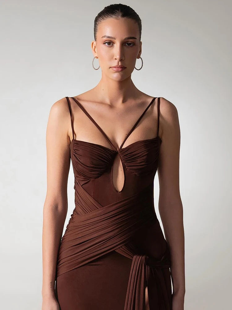 EVERLY BROWN DRAPED MAXI DRESS