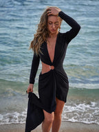 AFIA  RED LONG SLEEVES V NECK DRESS
