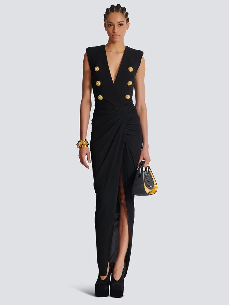 AREEAL BLACK SLEEVELESS WITH THICK PADDED SHOULDERS LONG DRESS