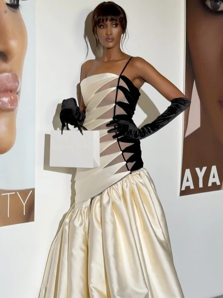 YANA BLACK BEIGE STRAPLESS LONG DRESS GOWN