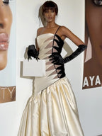YANA BLACK BEIGE STRAPLESS LONG DRESS GOWN
