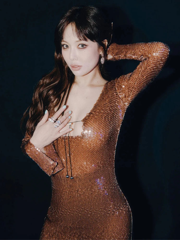 MALIHA BROWN SEQUINS LONG SLEEVES DRESS