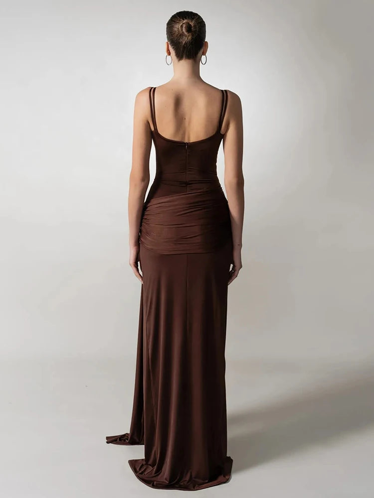 EVERLY BROWN DRAPED MAXI DRESS