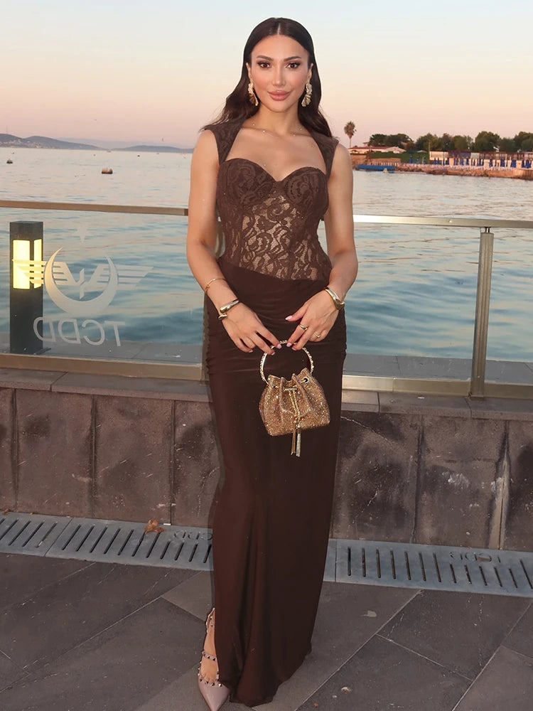 BRIANA BROWN LACE MAXI DRESS FOR WOMEN