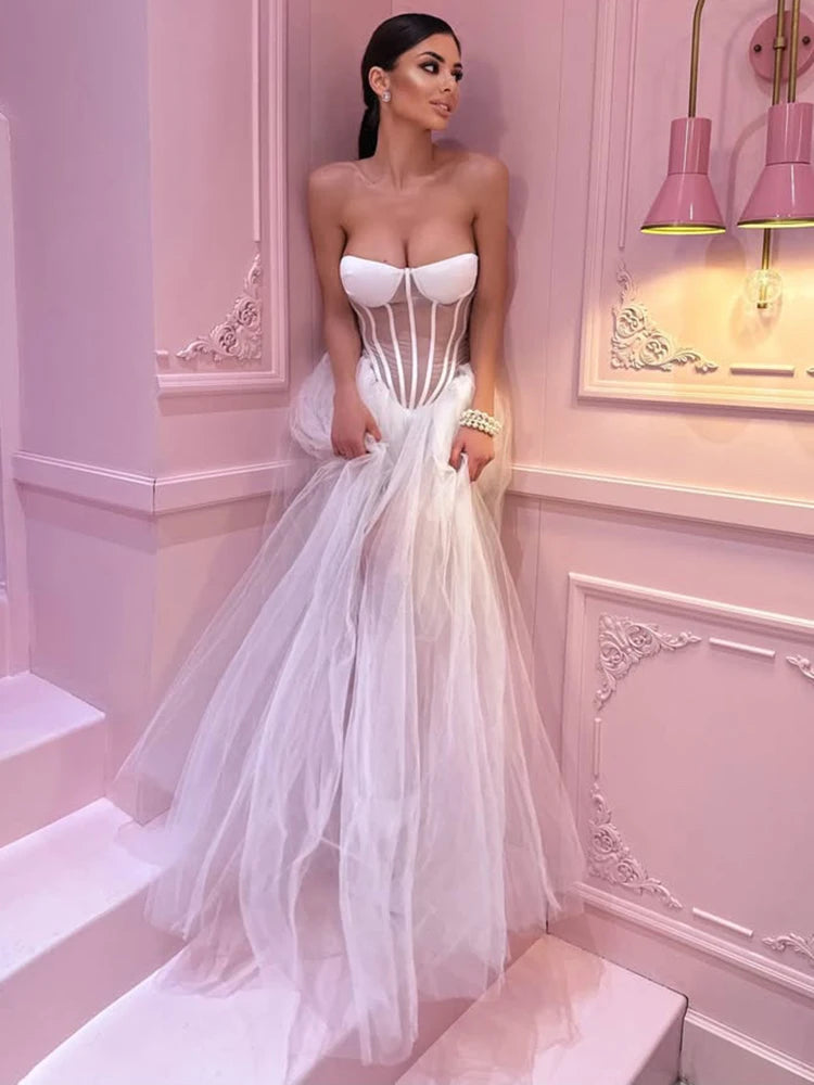 IRAIAH WHITE STRAPLESS MESH DRESS