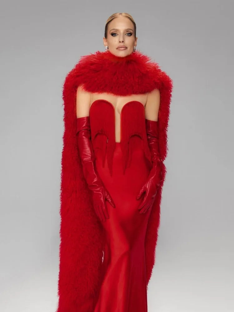 ALLEGRA RED STRAPLESS TASSEL MAXI DRESS