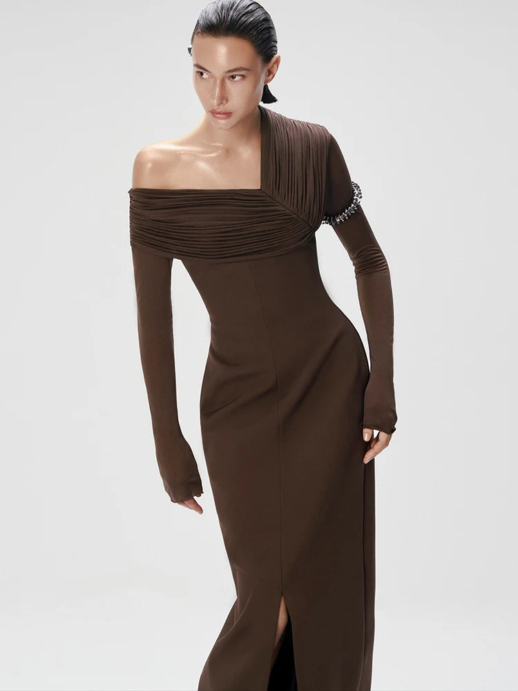 LAURA OFF-SHOULDER BROWN MAXI DRESS