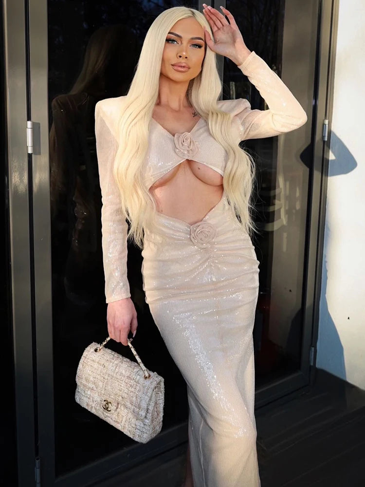 ALIYAH SEQUINS LONG SLEEVES V NECK DRESS